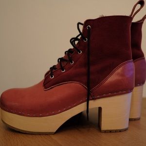 Swedish Ladies Hasbeens Leather Shearling-Lined Rust/Red Lace-up Ankle Boots 40